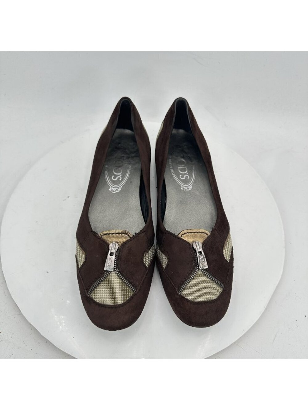 Tod’s Women Size EU 37 US 7 Brown Suede Zip Slip On Ballet Flat Shoes